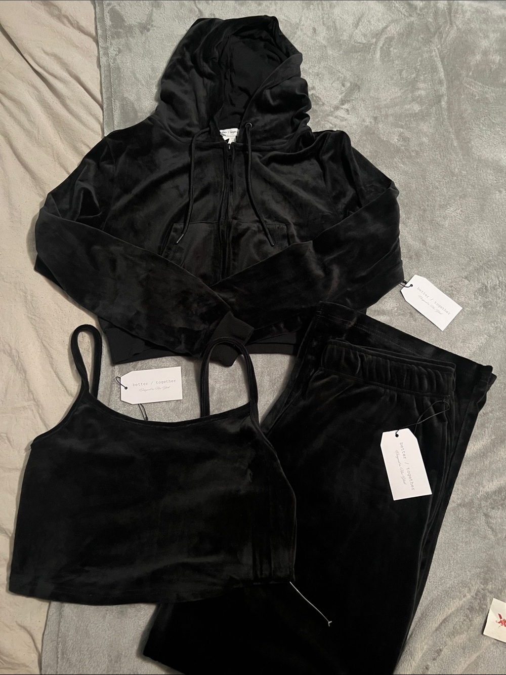 Women’s Black Velour Hoodie, Tank & Jogger Set